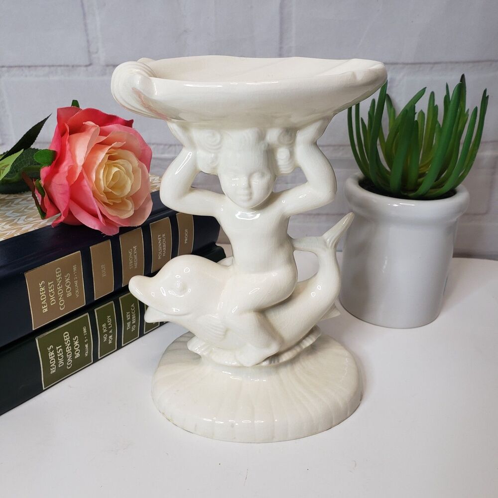 Vintage Neoclassical White Ceramic Cherub on Dolphin Soap Trinket Dish 7"